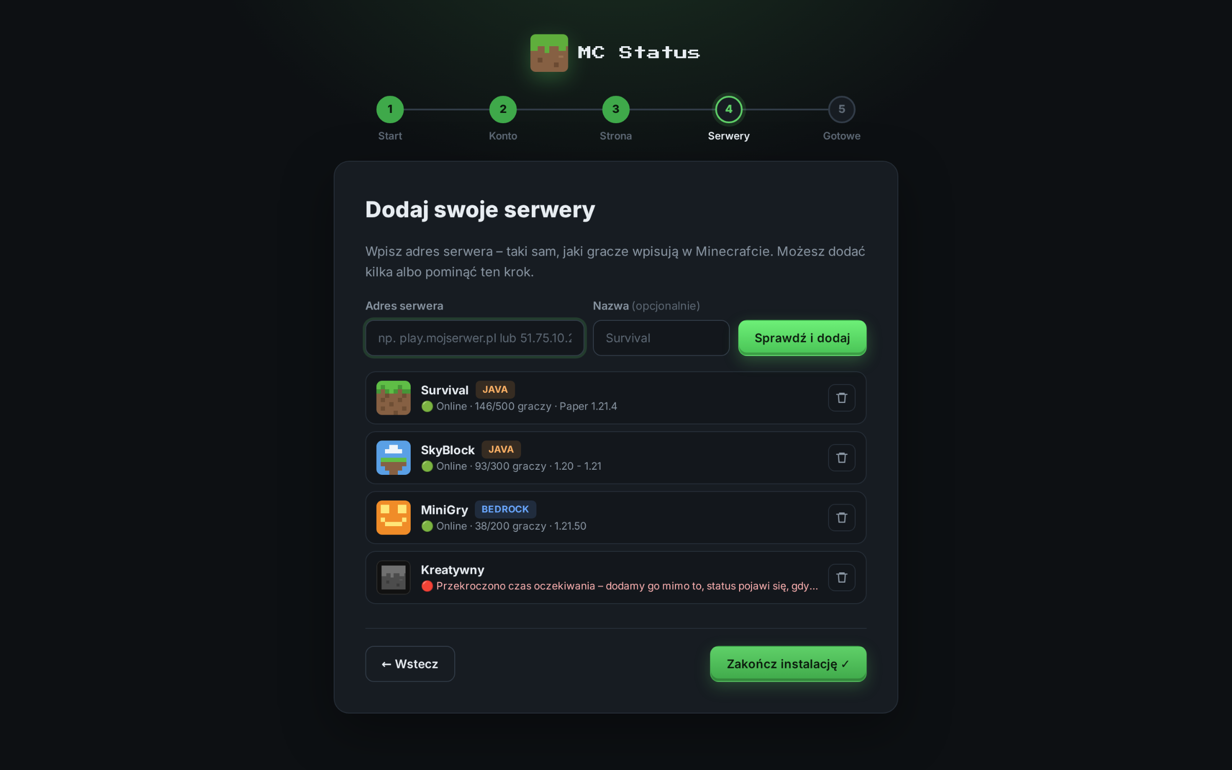 Status serwerów minecraft — podgląd 3